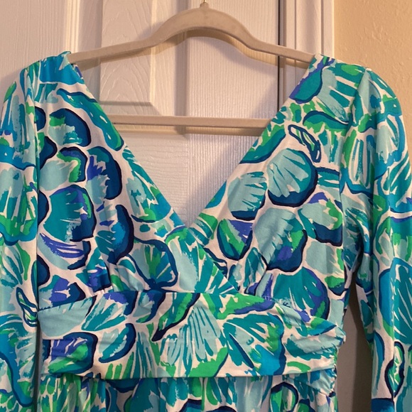 Gently Worn, Lily Pulitzer, Blue and Green Long Sleeve Faux Wrap Dress - Medium - Picture 2 of 4